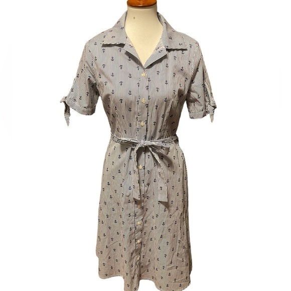 Chloe + Rene Dresses & Skirts - Chloe+rene Blue White Stripe Anchor Button Down Tie Front Knee Length Dress